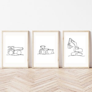 Set of 3 Construction Site Décor| Minimalist Line Art | Kids Room Art | Construction Vehicles | Modern Nursery Art| Kids Gallery Wall