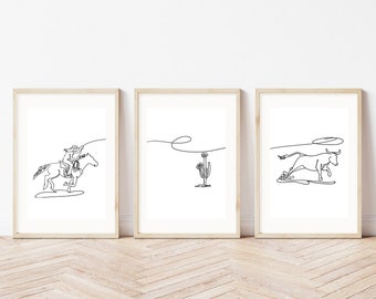 Cowgirl Nursery Set of 3 Prints | Minimalist Line Art| Kids Room Décor |  Horse Rider| Lasso| Longhorn Art| Wild West Art| PRINTABLE