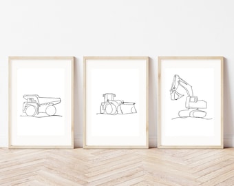 Set of 3 Construction Site Décor| Minimalist Line Art | Kids Room Art | Construction Vehicles | Modern Nursery Art| Kids Gallery Wall