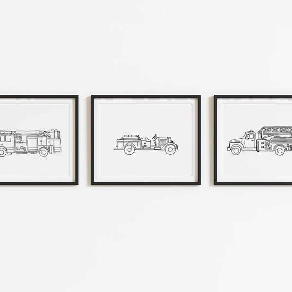 Set of 3 Firetruck Art Decor| Minimalist Line Art | Kids Room Art | Fire Truck Prints| Fireman Nursery Art| Kids Gallery Wall| PRINTABLE