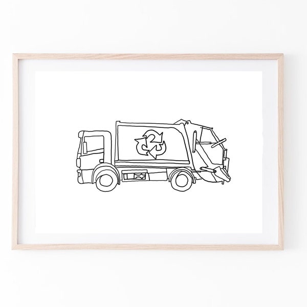 Garbage Truck Print| Minimalist Line Art | Kids Room Art | Community Heroes | Busy Trucks| Recycling | Modern Nursery | Kids Gallery Wall