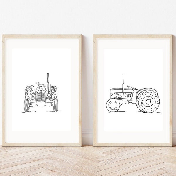 Set of 2 Vintage Tractor| Minimalist Line Art | Kids Room Art | Farm Vehicles | Modern Nursery Art| Kids Gallery Wall