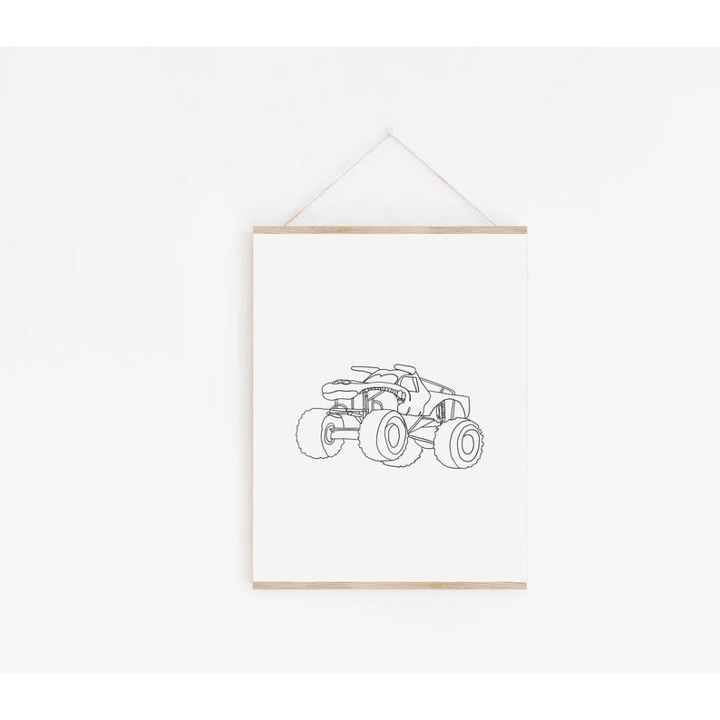 May include: Line art drawing of a monster truck on a white background. The truck is facing to the right and has large wheels.