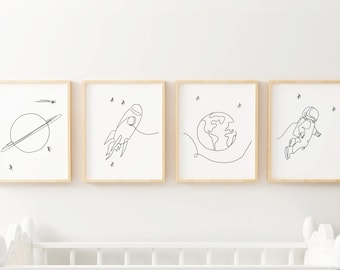 Set of 4 Space Astronaut Décor| Kids Line Art| Planet Art| Rocket Ship Nursery| Minimalist Nursery Prints| Kids Gallery Wall| PRINTABLES