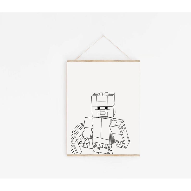 May include: Black and white line art print of a pixelated character, reminiscent of a popular video game. The artwork is framed in a light wood frame and hangs against a white wall. The character is depicted in a blocky, geometric style.