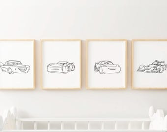Set of 4 Cars Inspired Nursery Decor| Minimalist Line Art | Kids Room Art | Race Car Nursery Art| Racer Cars Nursery Prints| PRINTABLE