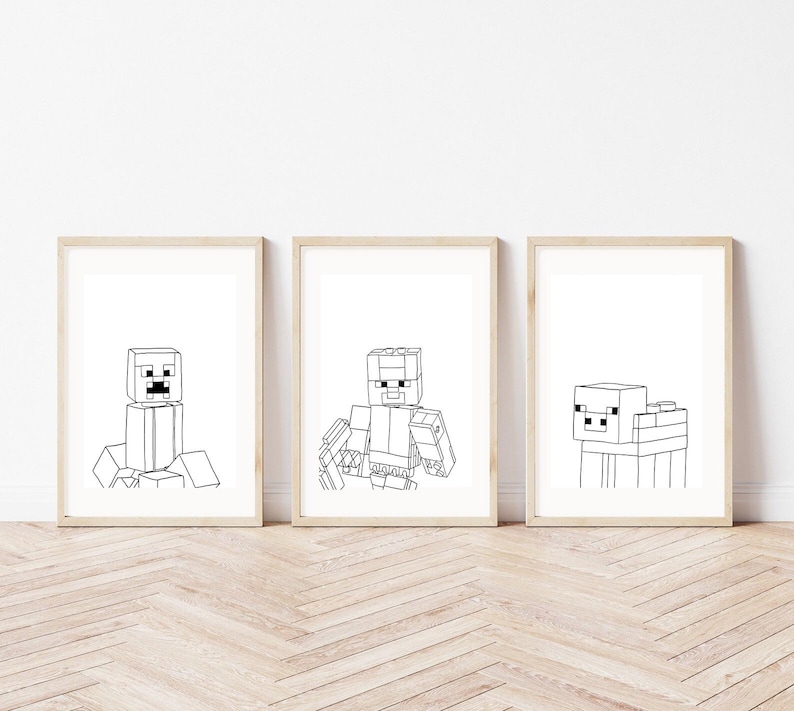 May include: Three framed prints featuring black and white line drawings of blocky characters. The characters are in a minimalist style, with geometric shapes and simple lines. The frames are light-colored wood, and the background is white.