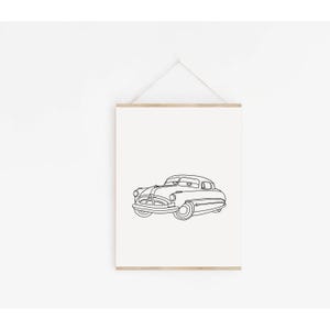 May include: Line art drawing of a vintage car, a classic car with a simple black outline on a white background.