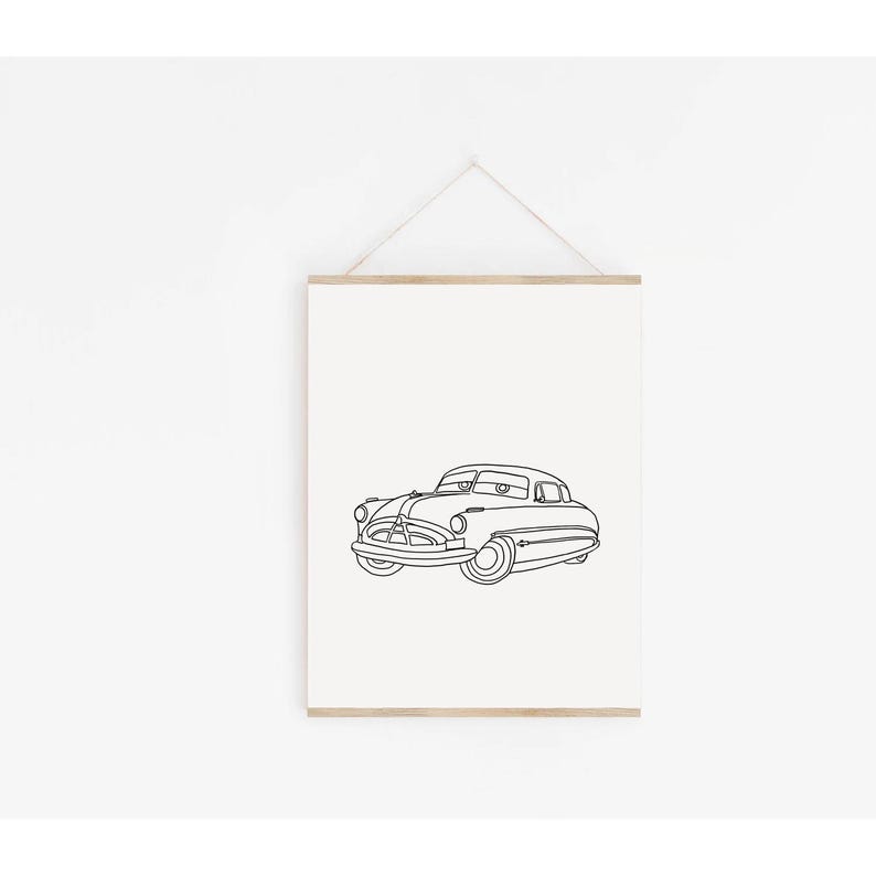 May include: Line art drawing of a vintage car, a classic car with a simple black outline on a white background.