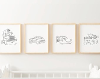 Juego de 4 decoraciones para habitación infantil inspiradas en coches, arte lineal minimalista, arte para habitación infantil, arte de coche de carreras para habitación infantil, impresiones de coches para habitación infantil, IMPRIMIBLES