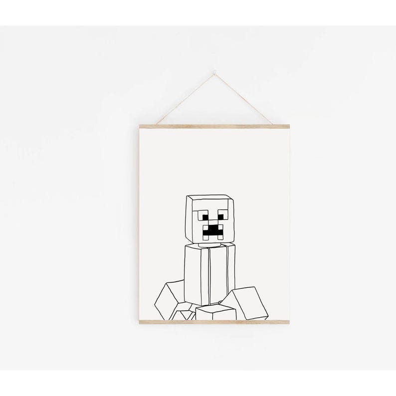 May include: Black and white line art print of a Minecraft Creeper character. The artwork features the Creeper's blocky head and body, with geometric shapes forming its limbs and the ground it sits on. The print is mounted on a wooden frame.