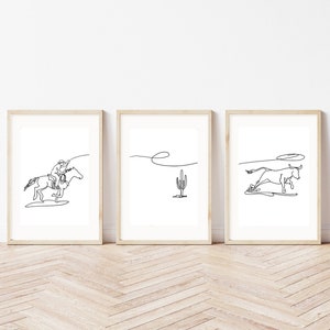 Cowboy Nursery Set of 3 Prints | Minimalist Line Art| Kids Room Décor |  Horse Rider| Lasso| Longhorn Art| Wild West Art| PRINTABLE