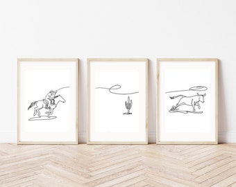 Cowboy Nursery Set of 3 Prints | Minimalist Line Art| Kids Room Décor |  Horse Rider| Lasso| Longhorn Art| Wild West Art| PRINTABLE