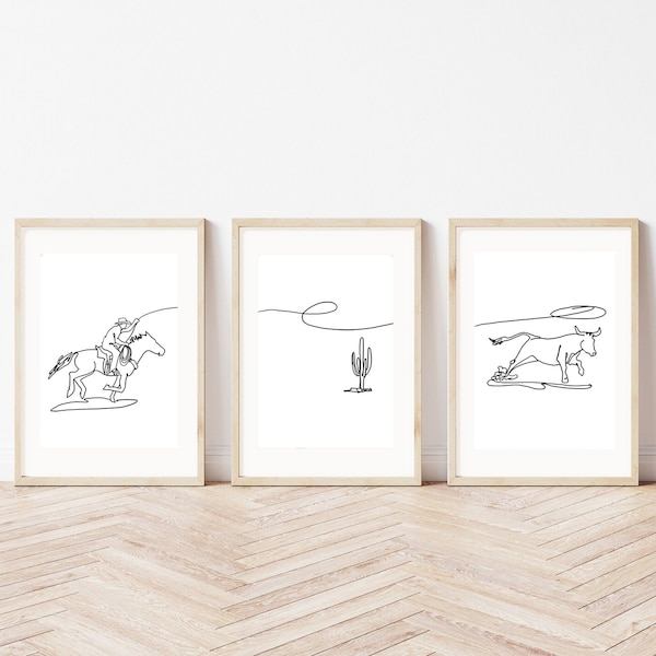 Cowboy Nursery Set of 3 Prints | Minimalist Line Art| Kids Room Décor |  Horse Rider| Lasso| Longhorn Art| Wild West Art| PRINTABLE