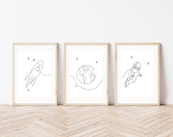 Set of 3 Space Astronaut Décor| Kids Line Art| Planet Art| Rocket Ship Nursery| Minimalist Nursery Prints| Kids Gallery Wall| PRINTABLES