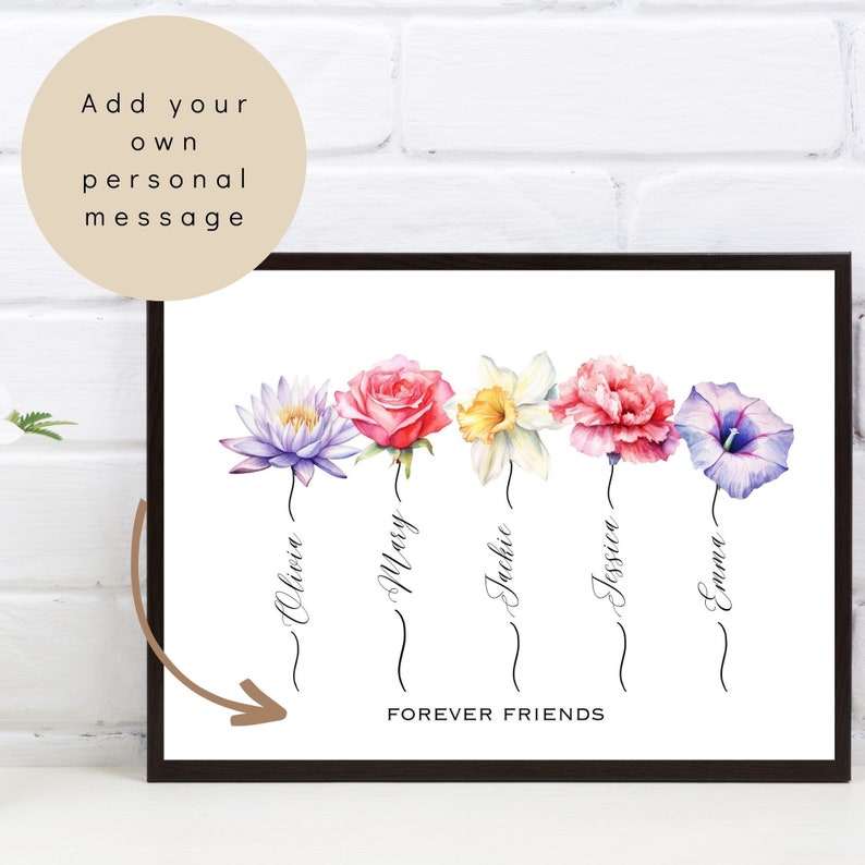 Puede incluir: Una impresi&oacute;n enmarcada con cinco flores de acuarela en tonos morado, rosa y amarillo. Cada flor tiene un nombre escrito debajo, con las palabras "Forever Friends" en la parte inferior. La esquina superior izquierda tiene el texto "Add your own personal message".