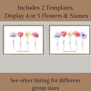 Puede incluir: Dos impresiones art&iacute;sticas florales enmarcadas. Cada impresi&oacute;n presenta flores de acuarela con nombres debajo. La primera impresi&oacute;n muestra cuatro flores: moradas, rojas, amarillas y rosas. La segunda impresi&oacute;n muestra cinco flores: moradas, rojas, amarillas, rosas y moradas. El texto "FOREVER FRIENDS" est&aacute; debajo.