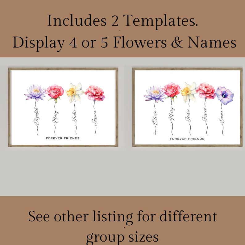 Puede incluir: Dos impresiones art&iacute;sticas florales enmarcadas. Cada impresi&oacute;n presenta flores de acuarela con nombres debajo. La primera impresi&oacute;n muestra cuatro flores: moradas, rojas, amarillas y rosas. La segunda impresi&oacute;n muestra cinco flores: moradas, rojas, amarillas, rosas y moradas. El texto "FOREVER FRIENDS" est&aacute; debajo.