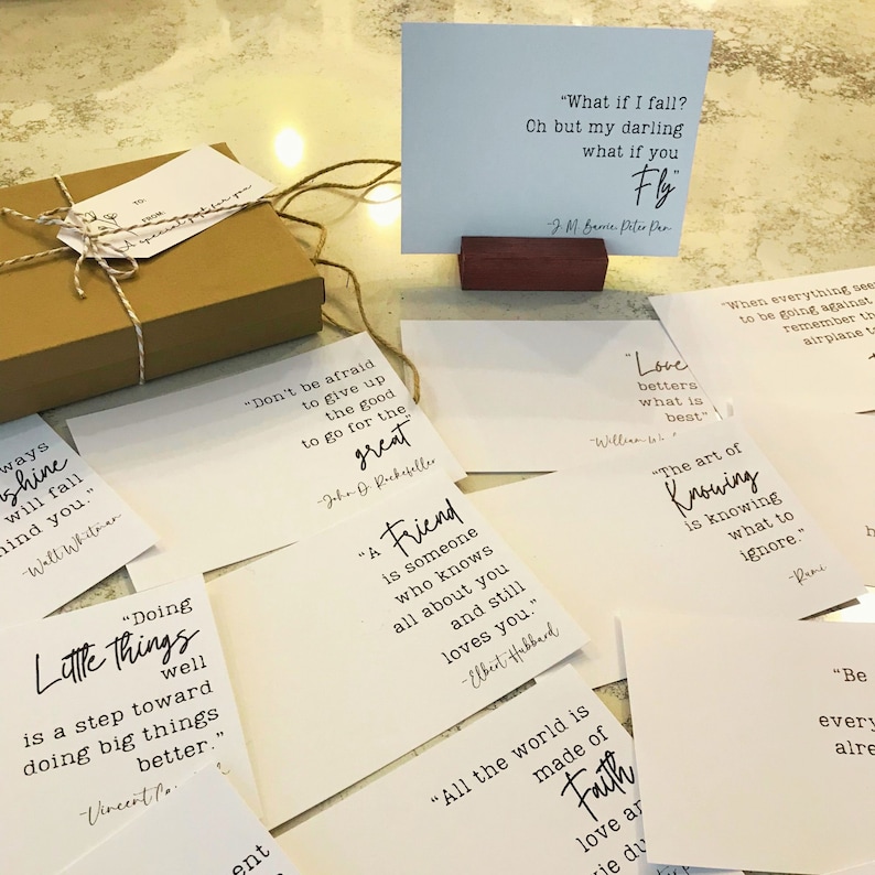 May include: A collection of inspirational quote cards with white backgrounds and black text. The cards feature quotes about friendship, love, and life. Some of the quotes include "Don't be afraid to give up the good to go for the great" and "Love betters what is best."