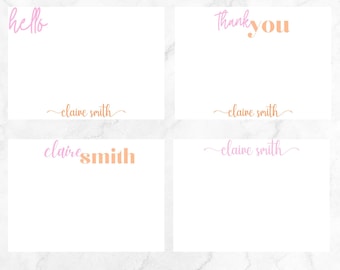 Women's Personalized Stationery - Variety Set of 20 notecards & envelopes, Custom Stationery Set, Women's Teens Girls Flat Notecards, Hello