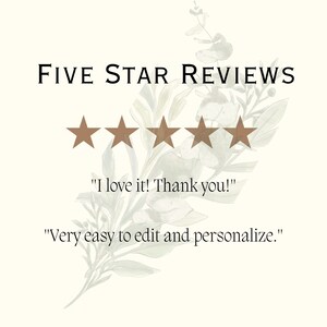 Puede incluir: Gr&aacute;fico con el texto "FIVE STAR REVIEWS" encima de cinco estrellas marrones. Debajo, dos citas de clientes: "I love it! Thank you!" y "Very easy to edit and personalize." El fondo presenta un dise&ntilde;o floral en acuarela.