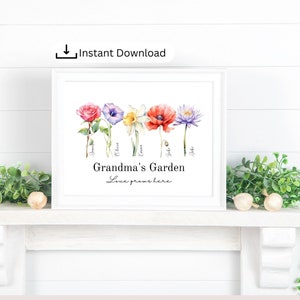 Regalo del jardín de la abuela para abuela o mamá, regalo de cumpleaños, plantilla imprimible, impresión personalizada de flores del mes de cumpleaños de los nietos, imprimible