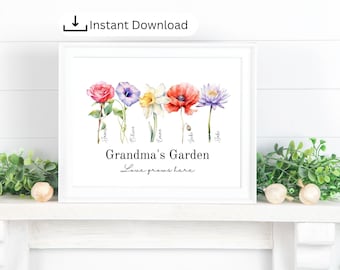 Grandma's Garden Gift for Grandmother or Mom, Birthday gift, Printable Template, Custom Grandkids Birthday Month Flowers Print, Printable