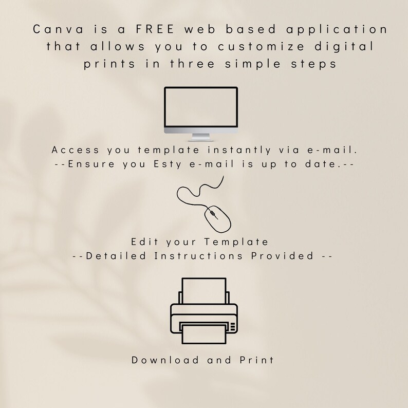 Puede incluir: Infograf&iacute;a con texto e iconos sobre un fondo beige. El texto dice: "Canva es una aplicaci&oacute;n web GRATUITA que te permite personalizar impresiones digitales en tres sencillos pasos." Iconos: monitor de ordenador, rat&oacute;n e impresora.