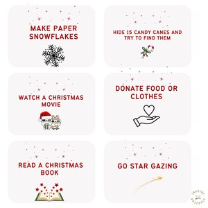 Puede incluir: Un conjunto de seis tarjetas de actividades navide&ntilde;as imprimibles con texto rojo e ilustraciones. Las tarjetas sugieren actividades como hacer copos de nieve de papel, esconder bastones de caramelo, ver una pel&iacute;cula navide&ntilde;a, donar comida o ropa, leer un libro navide&ntilde;o y observar las estrellas.