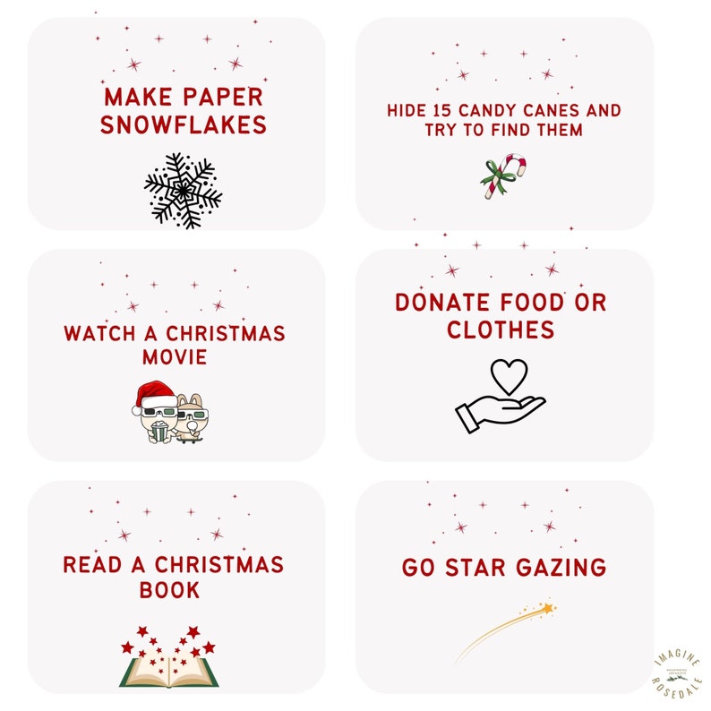 Puede incluir: Un conjunto de seis tarjetas de actividades navide&ntilde;as imprimibles con texto rojo e ilustraciones. Las tarjetas sugieren actividades como hacer copos de nieve de papel, esconder bastones de caramelo, ver una pel&iacute;cula navide&ntilde;a, donar comida o ropa, leer un libro navide&ntilde;o y observar las estrellas.