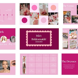 Bright Pinks Bridesmaid Guide Presentation Template and Bridesmaid Info Card and Proposal Card- 21 Self Customisable Slides Canva