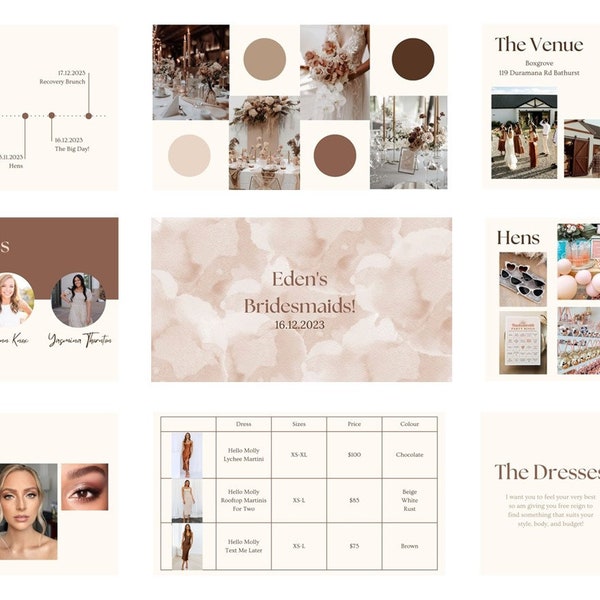 Coffee Neutrals Bridesmaid Guide Presentation Template and Bridesmaid Info Card and Proposal Card- 21 Self Customisable Slides Canva