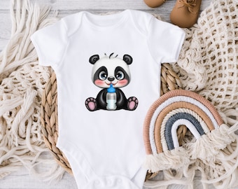 May include: White baby onesie with a cute cartoon panda holding a baby bottle. The panda is black and white with blue eyes and a pink nose.