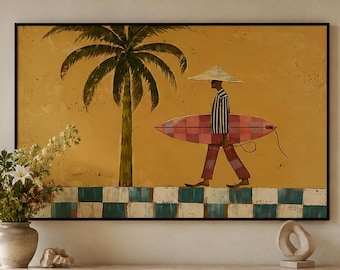 Pintura al óleo original de un surfista, arte mural de playa tropical, lienzo costero con palmeras, decoración de arte surf vintage.