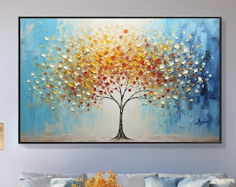 Abstract Tree of Life Oil Painting on Canvas, Large Wall Art Original Colorful Minimalist Art Blue Decor Custom Painting Living Room Decor