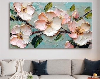 Abstract kersenbloesemolieverfschilderij op canvas, kunst aan de grote muur, originele paletmes textuur roze bloem schilderij, moderne woonkamer decor
