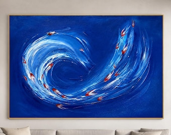 Koi Fish Oil Painting, Blue Swirl Wave Canvas, Textured Abstract Ocean Wall Art