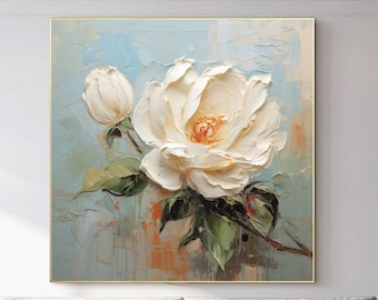 Large White Flower Oil Painting on Canvas, Canvas Wall Art Original Abstract Minimalist Floral Art, Custom Painting Living Room Home Decor