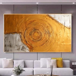 Minimalist Gold Circle Painting on Canvas, Large Wall Art Original Abstract Art Golden Oil Painting Custom Painting Living Room Home Decor