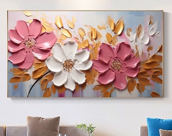 Abstract getextureerd bloem olieverfschilderij op doek, kunst aan de grote muur, originele minimalistische bloemsierkunst aangepaste schilderij gouden muur decor woonkamer