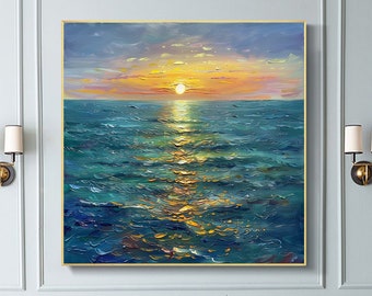 Abstract Original Sea Sunrise Oil Painting on Canvas Large Abstract Textured Ocean Landscape Wall Art Boho Wall Décor,Living room Wall Decor
