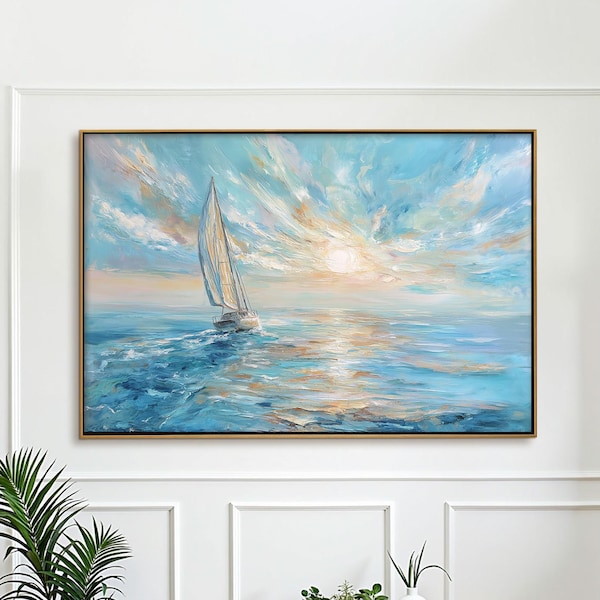 Original Sailboat Ocean Sunset Oil Painting on Canvas, Large Wall Art, Abstract Blue Nautical Seascape Painting, Modern Living Room Decor