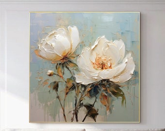 Pittura a olio minimalista di fiori su tela, grande arte da parete originale astratta arte floreale bianca, decorazione del soggiorno con pittura personalizzata