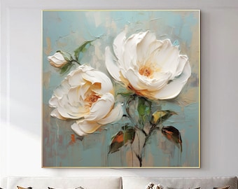 Abstract Minimalist Flower Oil Painting on Canvas,Large Wall Art, Original White Texture Floral Wall Art, Custom Painting Living Room Decor