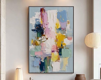 Large Abstract Painting on Canvas, Textured Wall Art, Original Impasto Art, Modern Pastel Colorful Living Room Decor, Entryway Art