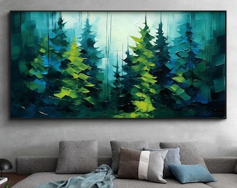 Foresta astratta pittura a olio su tela, grande arte della parete, pittura personalizzata, pittura originale dell'albero verde, decorazione minimalista del soggiorno di arte della parete