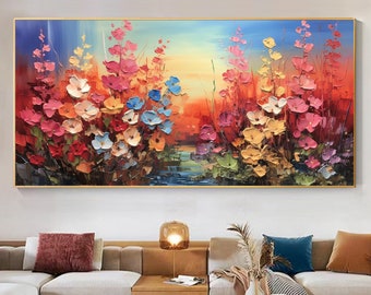 Abstract Flower Landscape Oil Painting on Canvas, Large Wall Art Original Colorful Floral Art Nature Art Custom Painting Living Room Decor