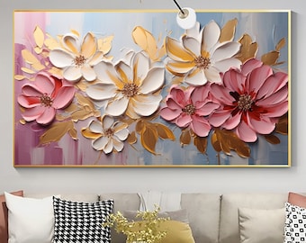 May include: A large abstract painting featuring pink and white flowers with gold accents. The flowers are painted in a textured style, giving the painting a three-dimensional effect.