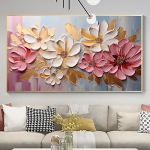 Original Blumen-Ölgemälde auf Leinwand, große Wandkunst, abstrakte minimalistische Blumenwandkunst benutzerdefinierte Malerei Goldwanddekor Wohnzimmerkunst