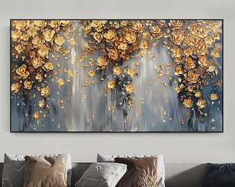 Abstract Gold Flower Oil Painting on Canvas,Large Wall Art Original Textured Floral Wall Art Custom Painting Boho Wall Decor Living Room Art